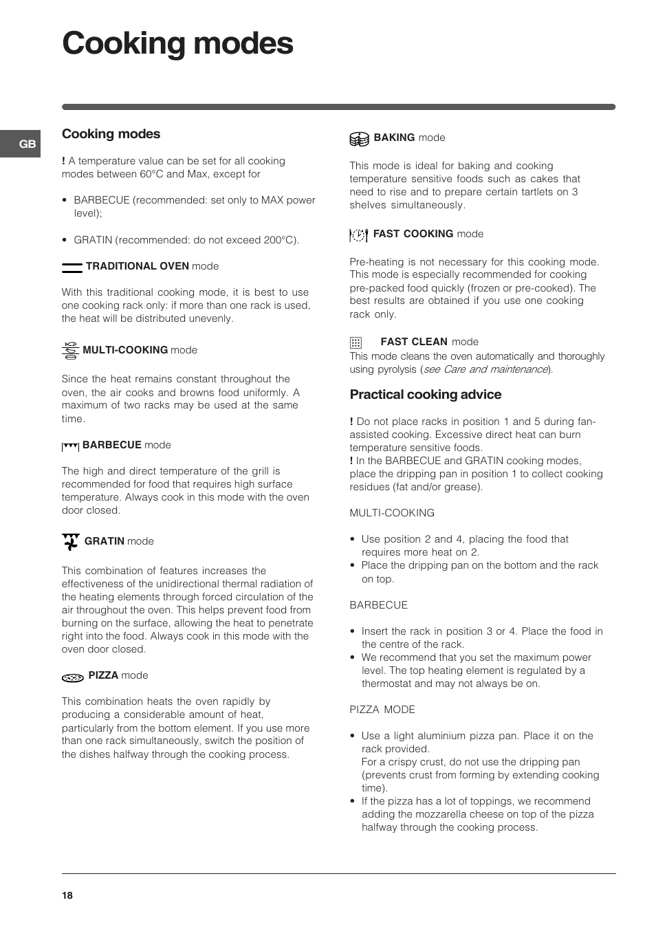 Cooking modes | Indesit FIE76GPK-AIX User Manual | Page 18 / 60