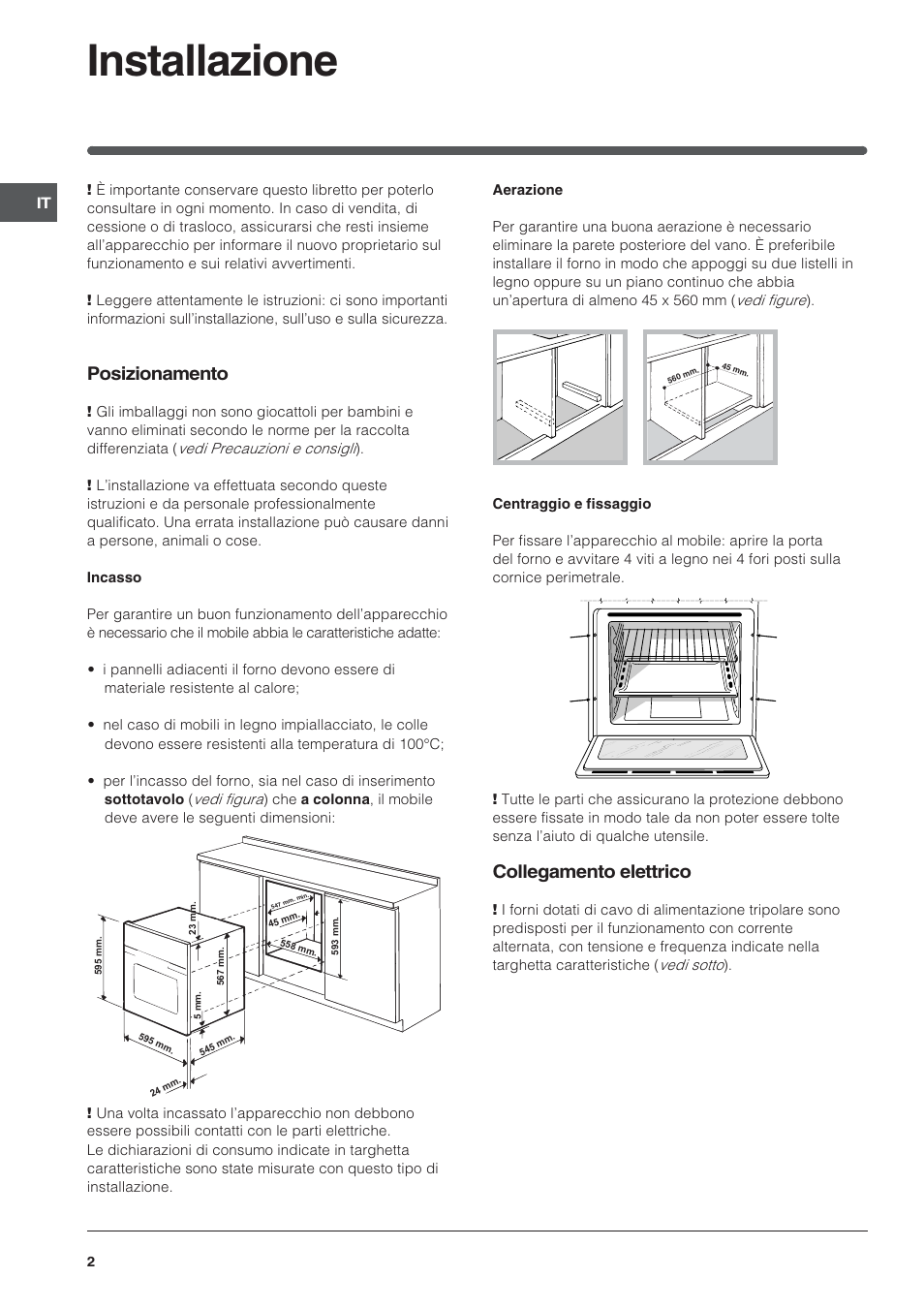 Installazione, Posizionamento, Collegamento elettrico | Indesit FIE76GPK-AIX User Manual | Page 2 / 60