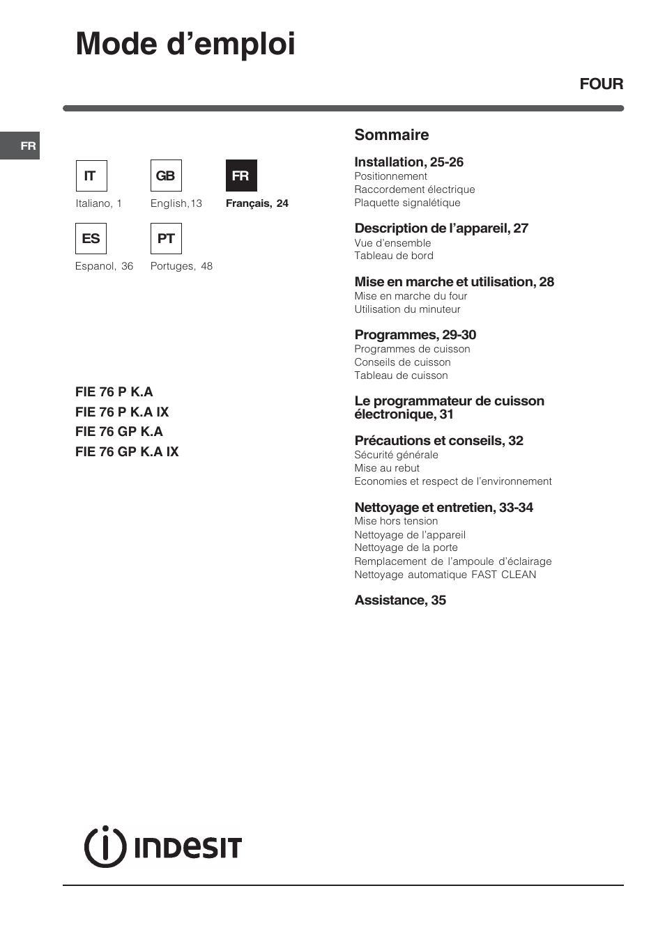 Mode demploi, Sommaire, Four | Indesit FIE76GPK-AIX User Manual | Page 24 / 60