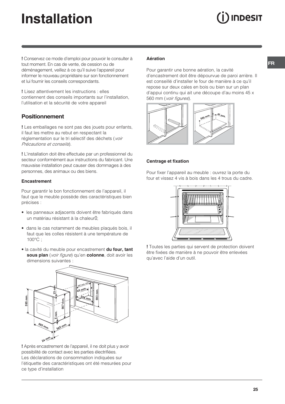 Installation, Positionnement | Indesit FIE76GPK-AIX User Manual | Page 25 / 60