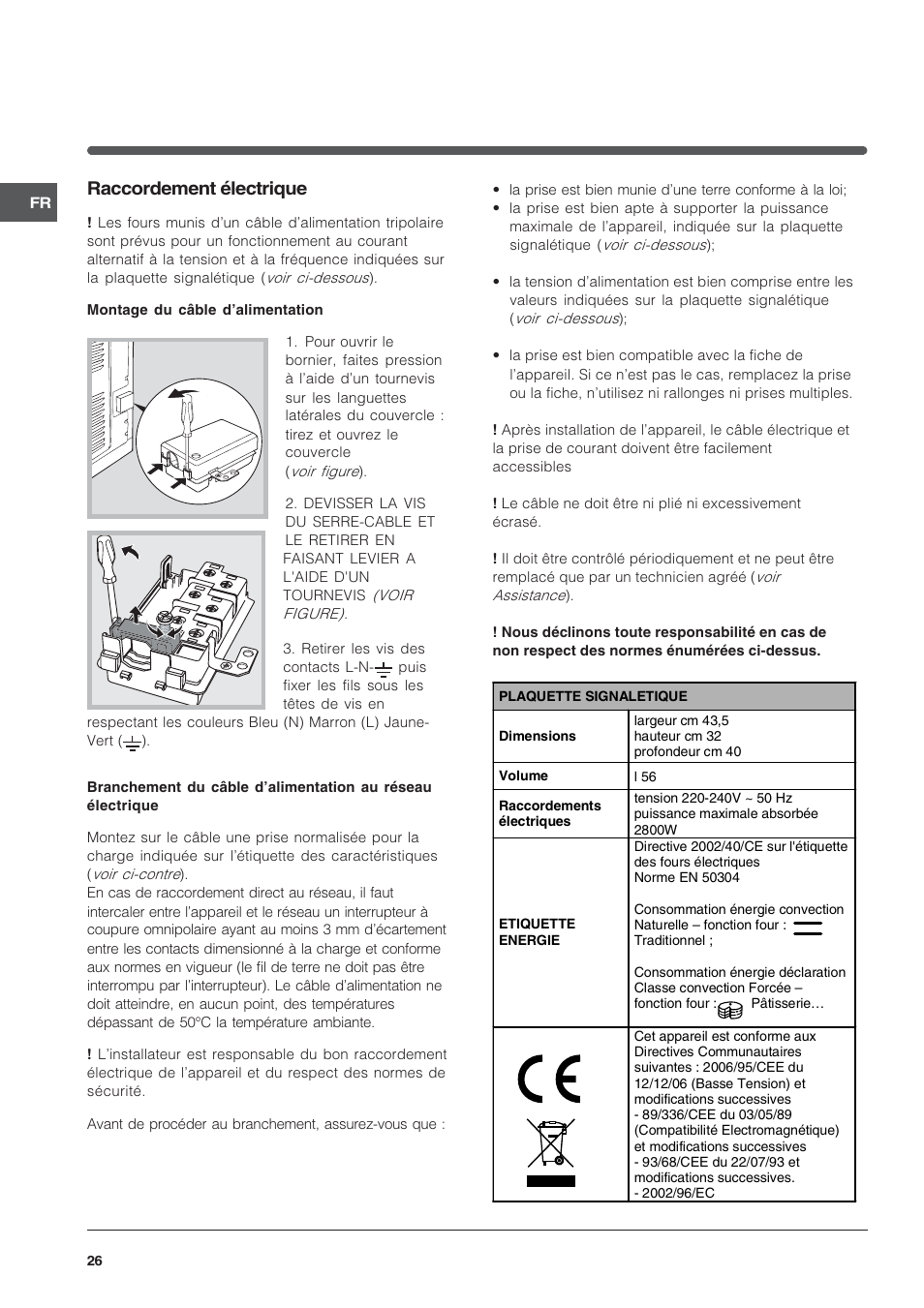 Raccordement électrique | Indesit FIE76GPK-AIX User Manual | Page 26 / 60