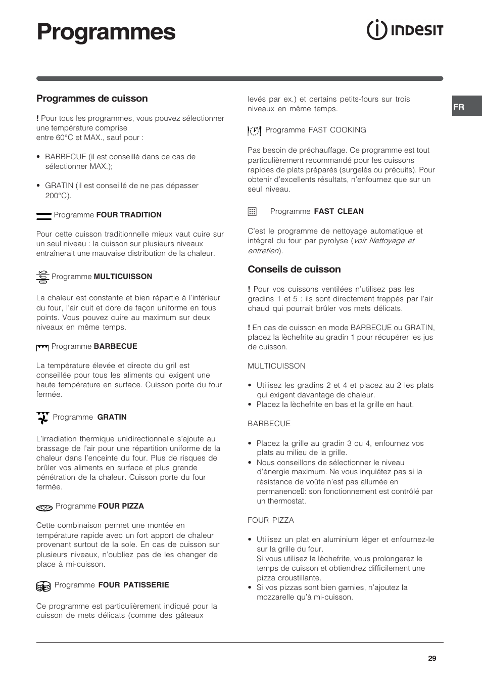 Programmes, Programmes de cuisson, Conseils de cuisson | Indesit FIE76GPK-AIX User Manual | Page 29 / 60