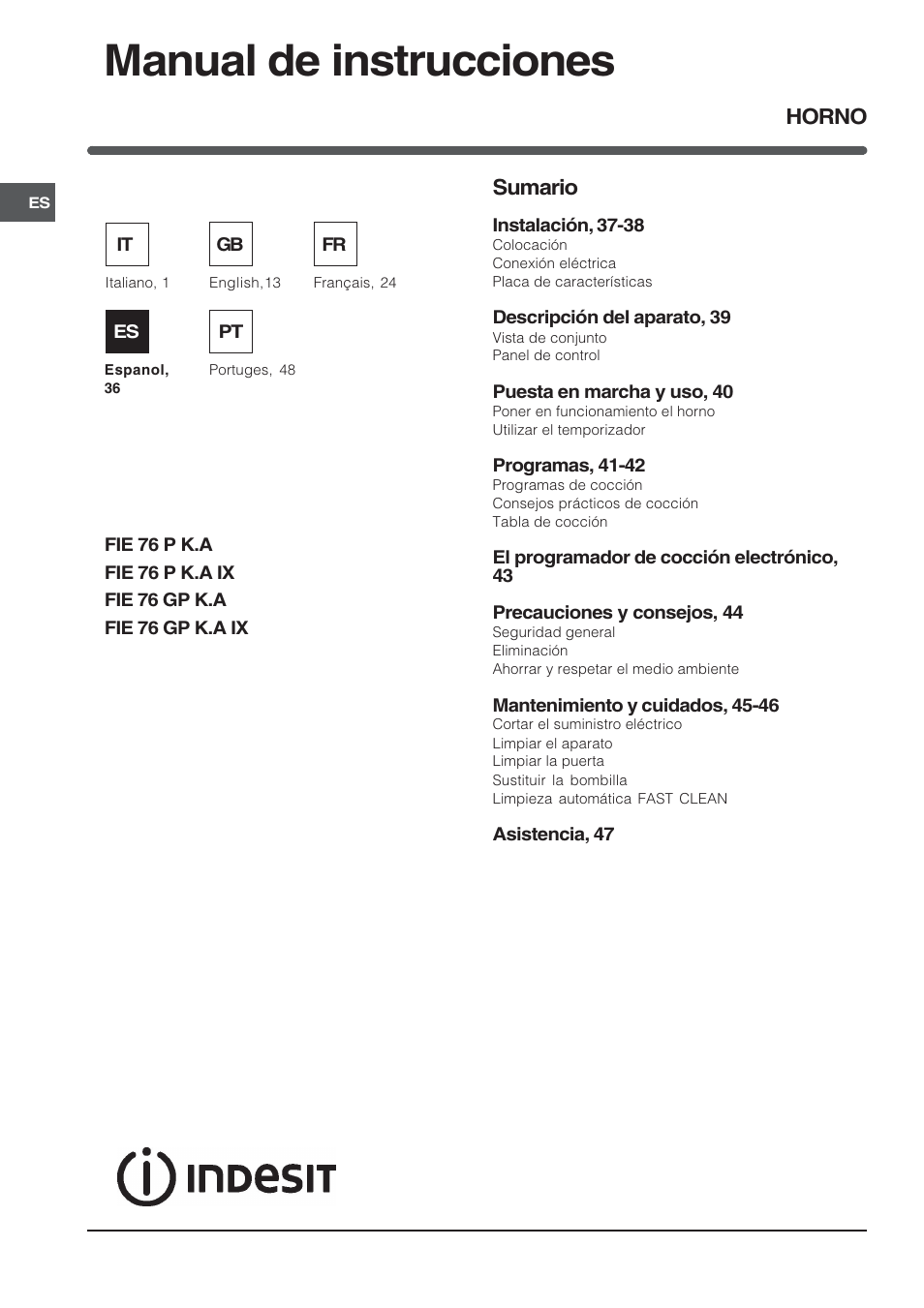 Manual de instrucciones, Sumario, Horno | Indesit FIE76GPK-AIX User Manual | Page 36 / 60