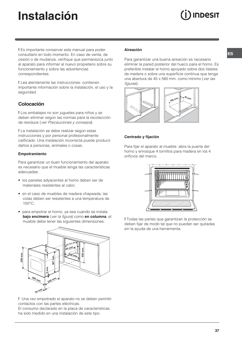Instalación, Colocación | Indesit FIE76GPK-AIX User Manual | Page 37 / 60