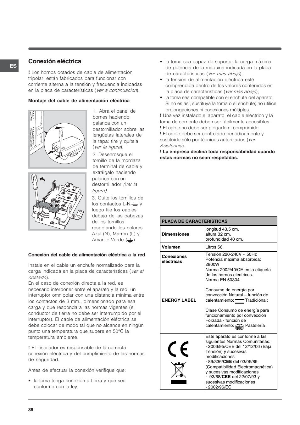 Conexión eléctrica | Indesit FIE76GPK-AIX User Manual | Page 38 / 60