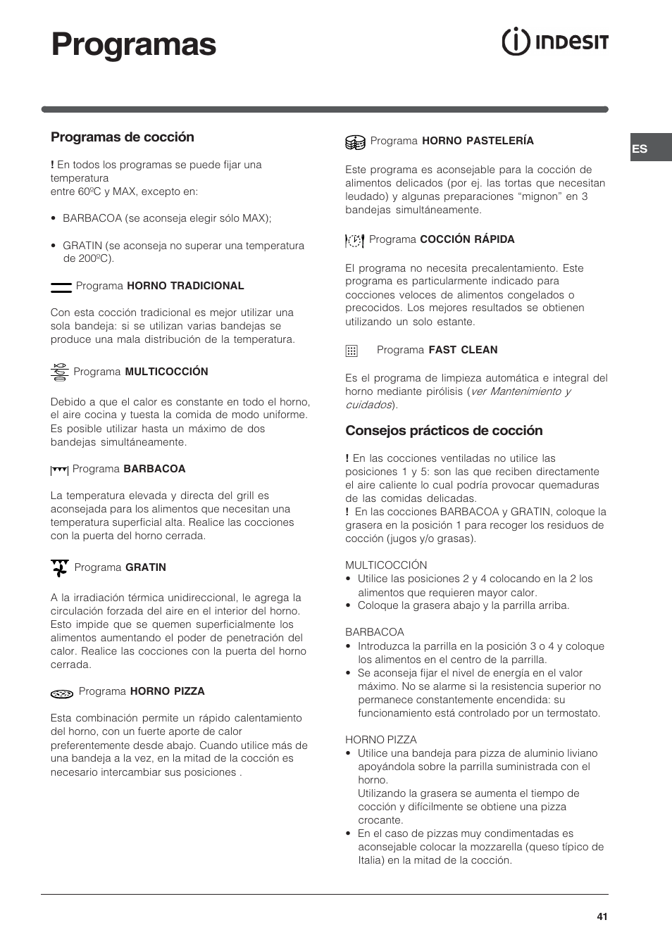 Programas, Programas de cocción, Consejos prácticos de cocción | Indesit FIE76GPK-AIX User Manual | Page 41 / 60