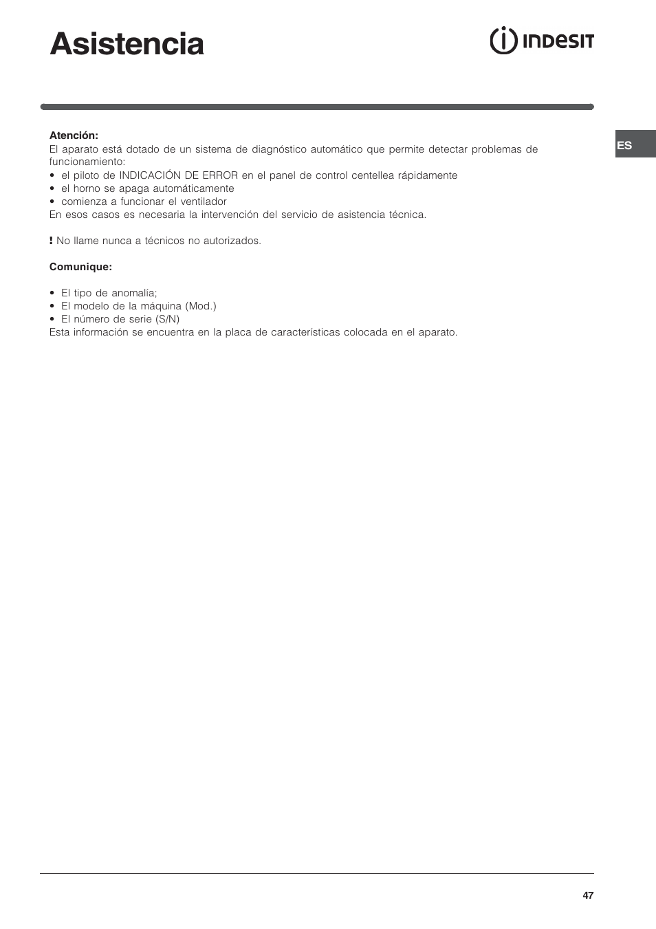 Asistencia | Indesit FIE76GPK-AIX User Manual | Page 47 / 60