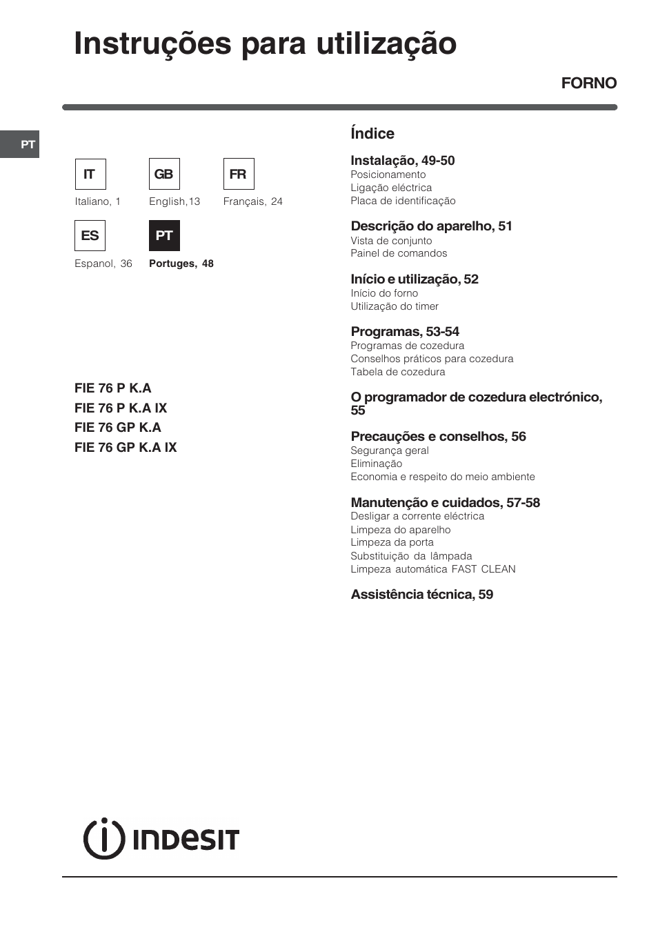 Instruções para utilização, Índice, Forno | Indesit FIE76GPK-AIX User Manual | Page 48 / 60