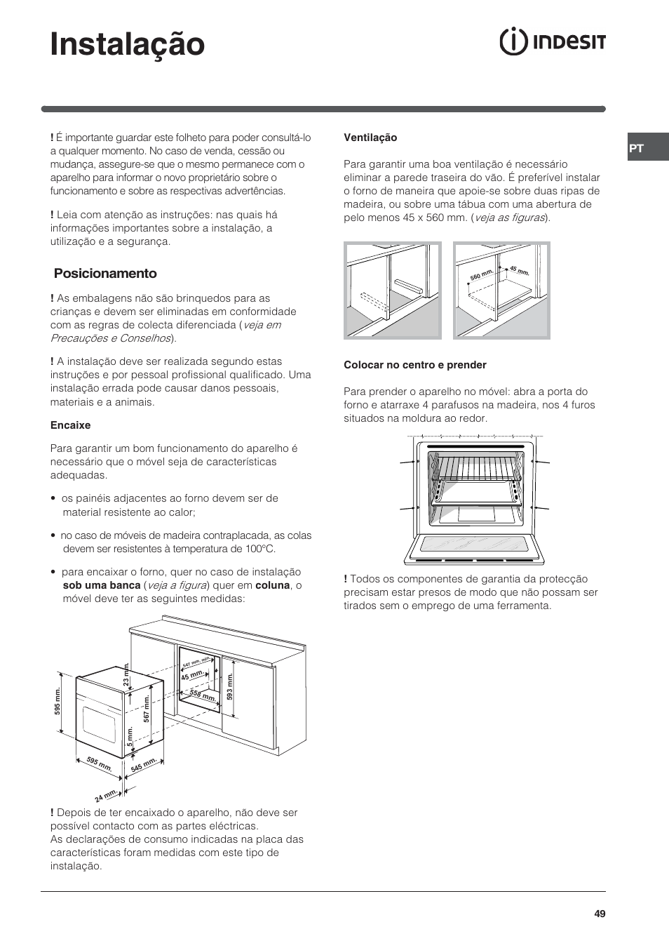 Instalação, Posicionamento | Indesit FIE76GPK-AIX User Manual | Page 49 / 60