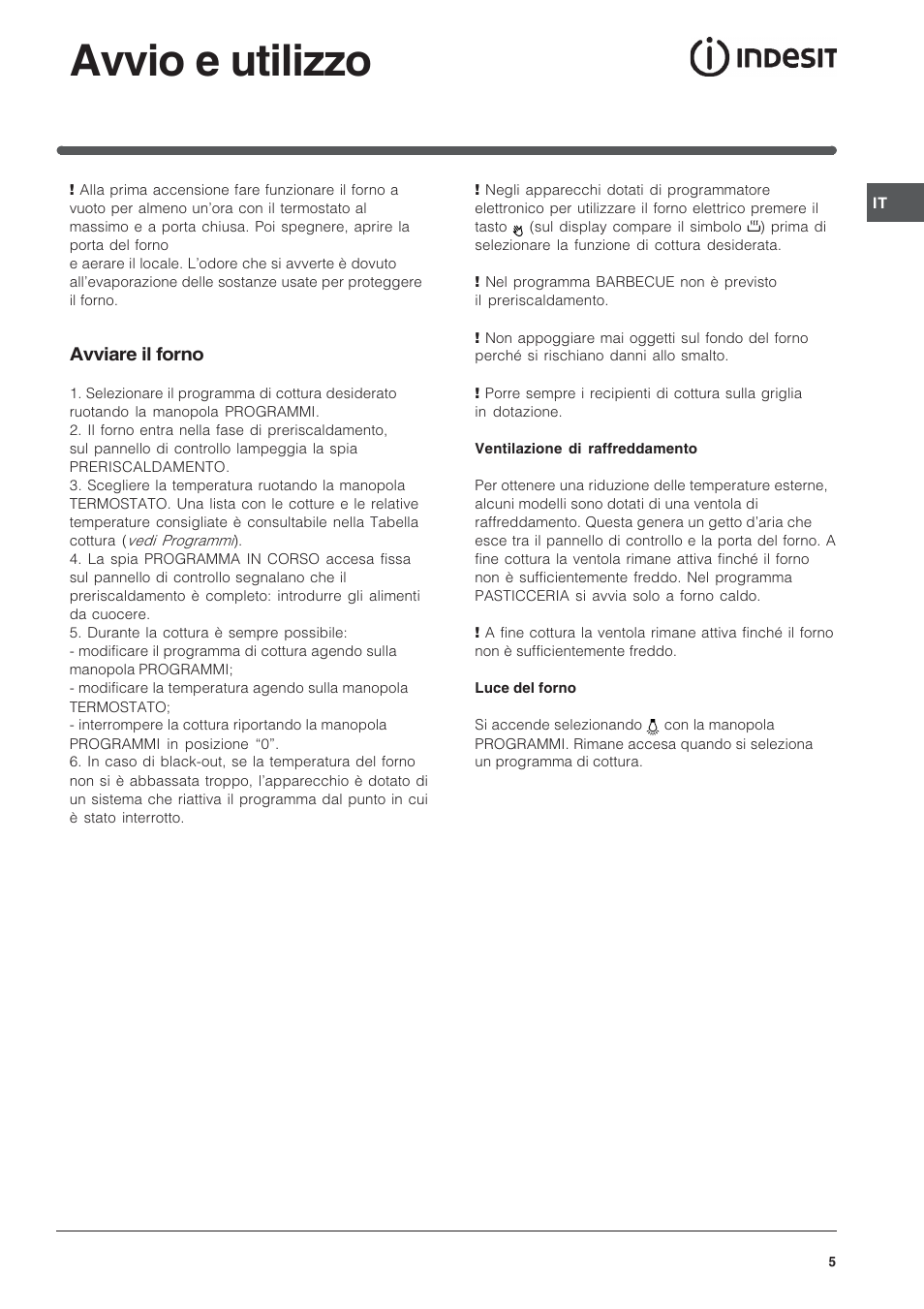 Avvio e utilizzo | Indesit FIE76GPK-AIX User Manual | Page 5 / 60