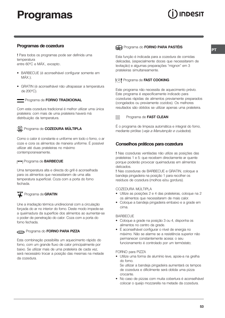 Programas, Programas de cozedura, Conselhos práticos para cozedura | Indesit FIE76GPK-AIX User Manual | Page 53 / 60