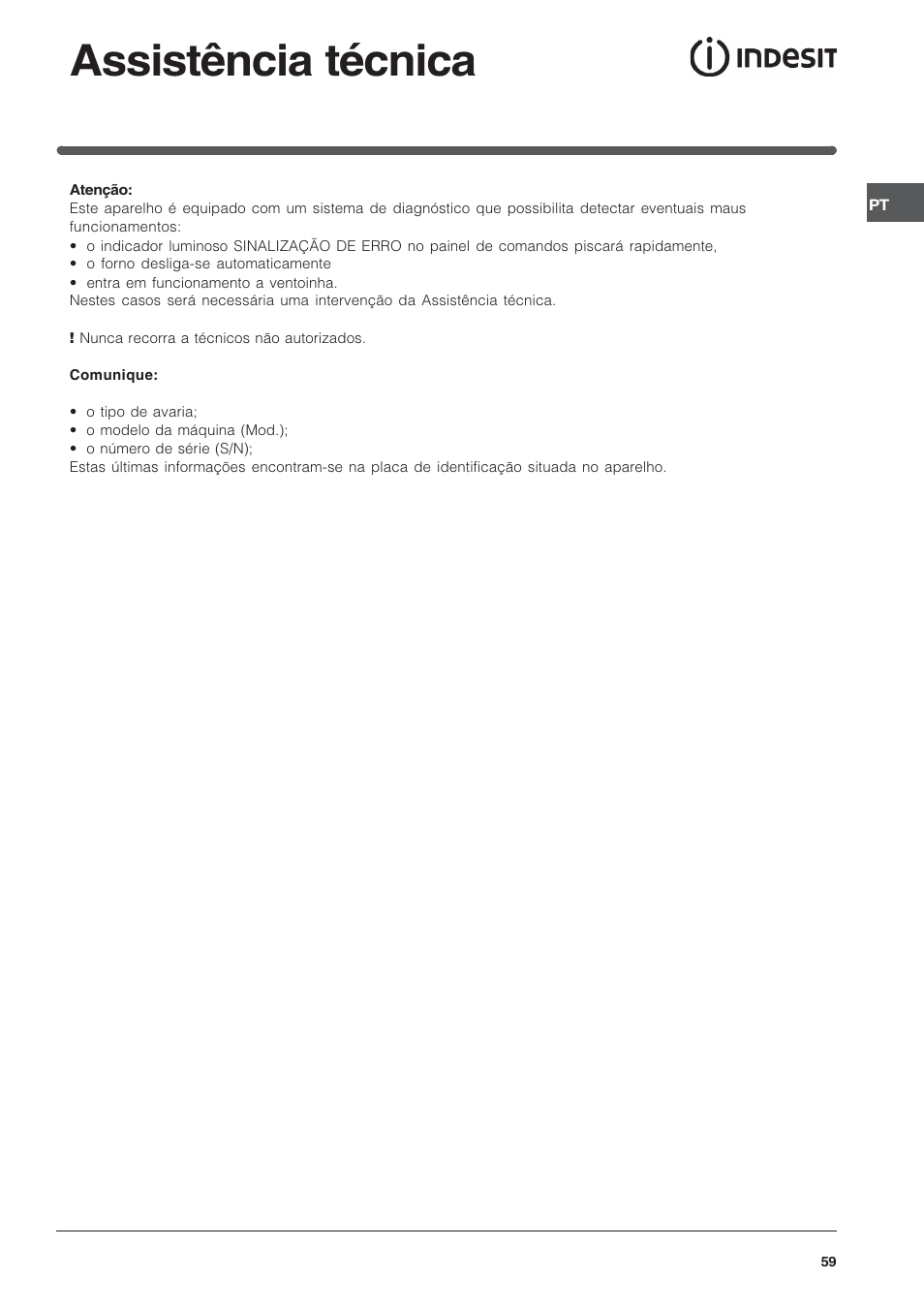 Assistência técnica | Indesit FIE76GPK-AIX User Manual | Page 59 / 60