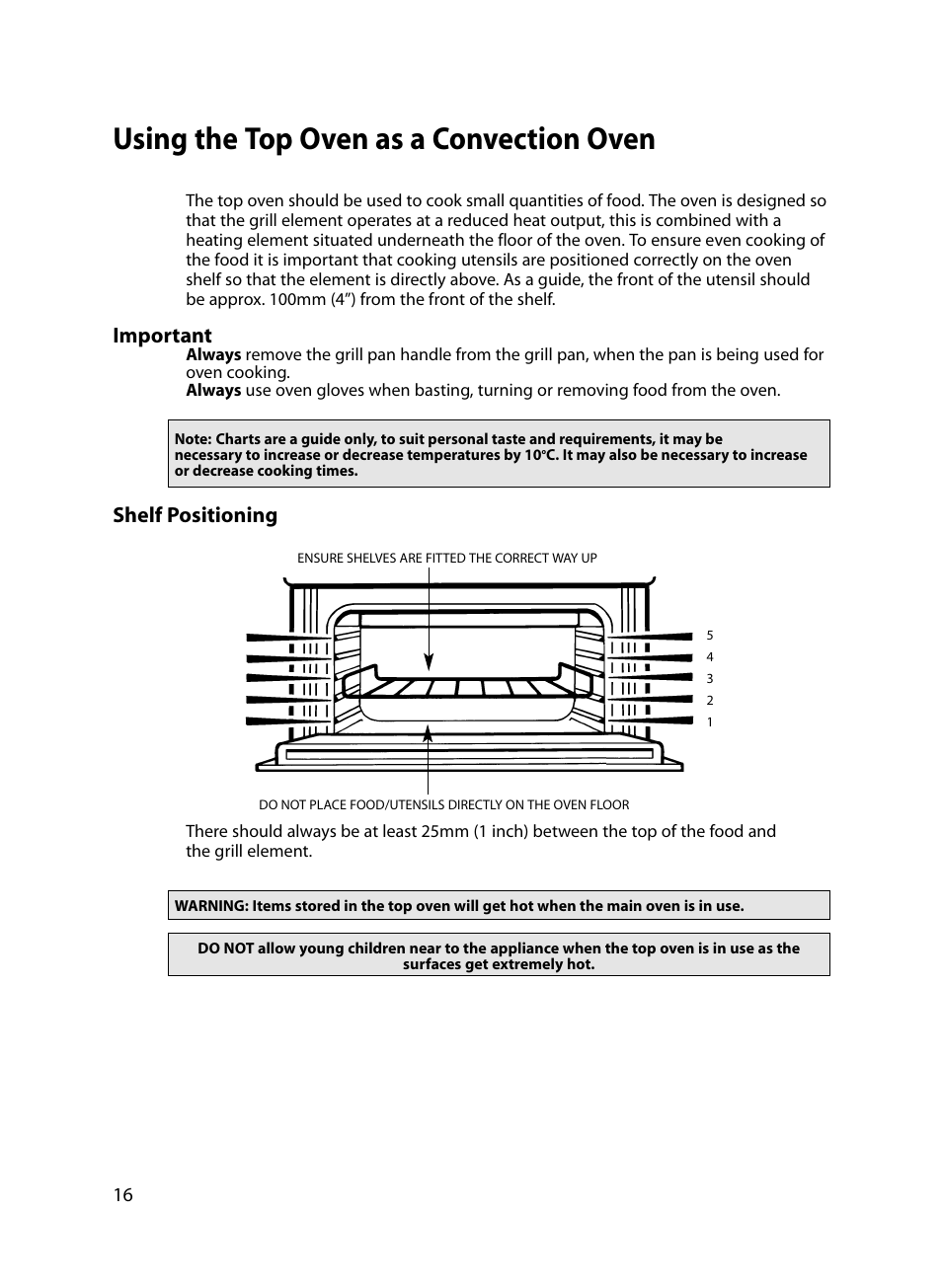 Using the top oven as a convection oven, Important, Shelf positioning | Indesit FIU20 MK2 17-09-07 onwards User Manual | Page 16 / 36
