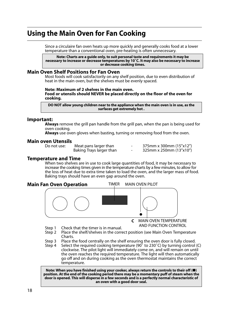 Using the main oven for fan cooking, Main oven shelf positions for fan oven, Important | Main oven utensils, Temperature and time, Main fan oven operation | Indesit FIU20 MK2 17-09-07 onwards User Manual | Page 18 / 36