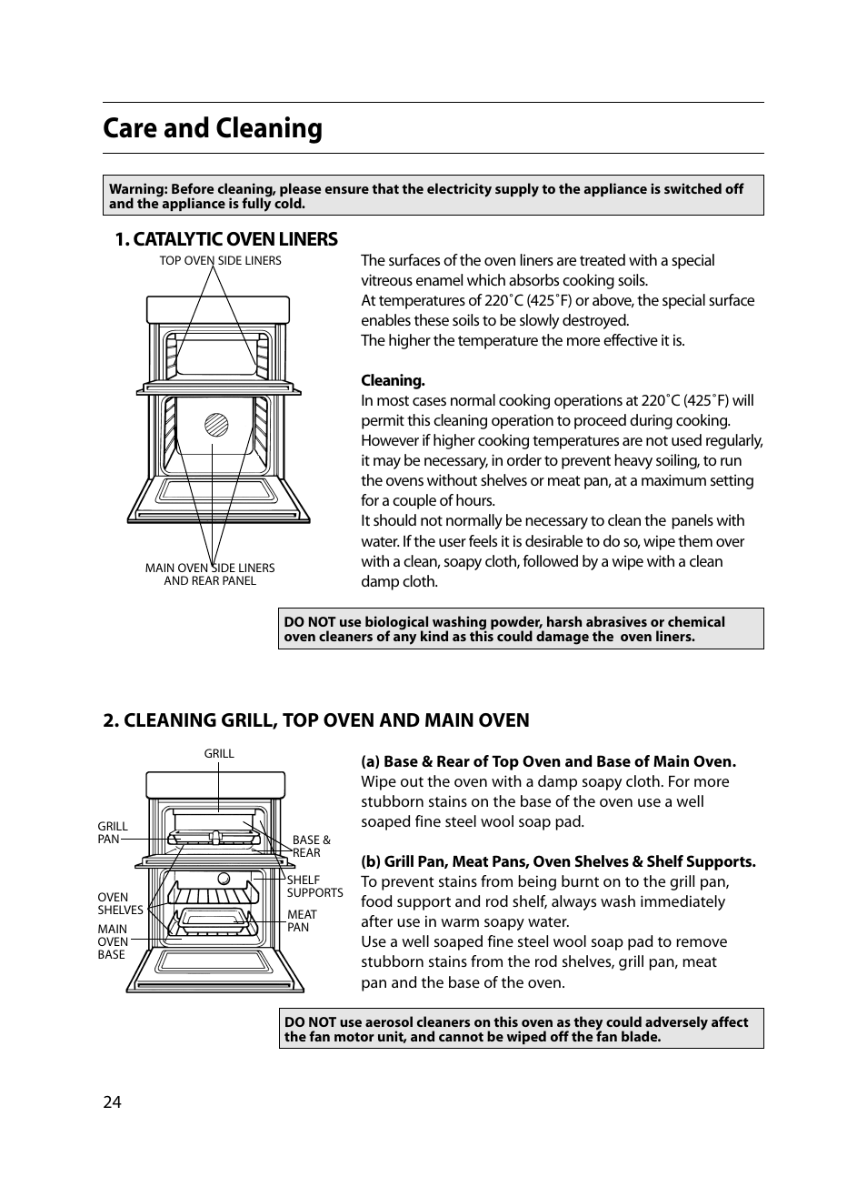 Care and cleaning, Catalytic oven liners, Cleaning grill, top oven and main oven | Indesit FIU20 MK2 17-09-07 onwards User Manual | Page 24 / 36