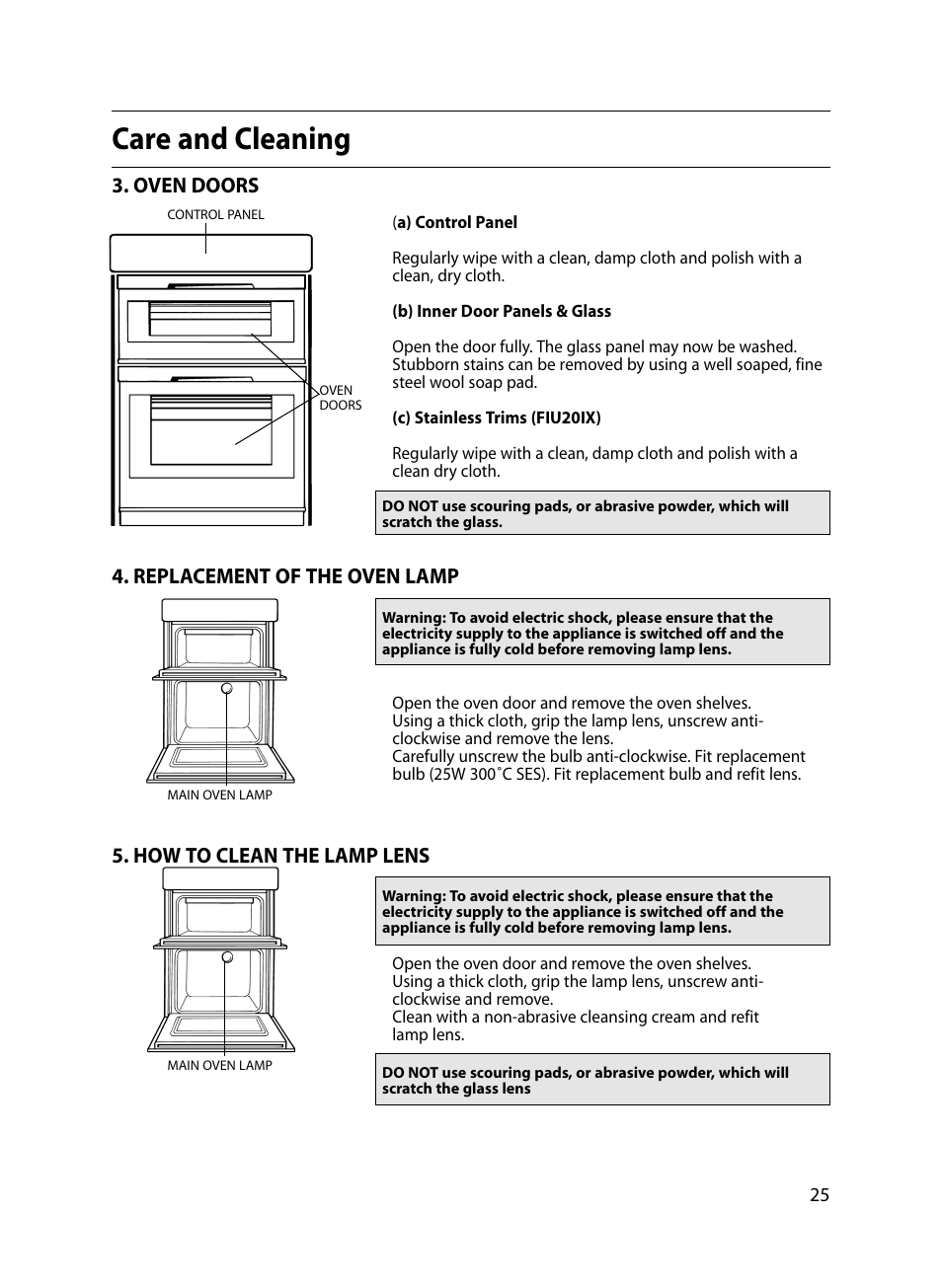 Care and cleaning, Oven doors, Replacement of the oven lamp | How to clean the lamp lens | Indesit FIU20 MK2 17-09-07 onwards User Manual | Page 25 / 36