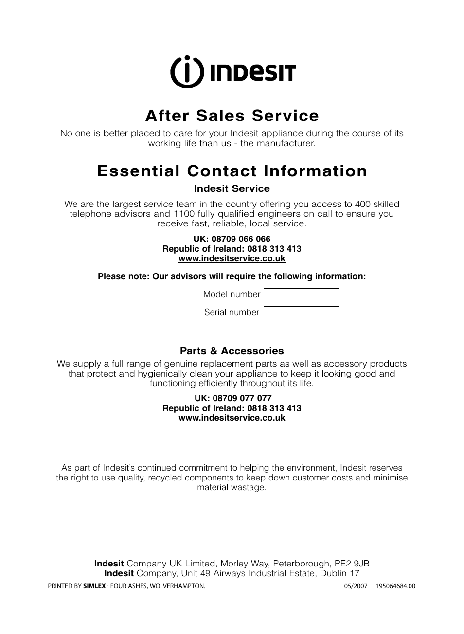 After sales service, Essential contact information | Indesit FIU20 MK2 17-09-07 onwards User Manual | Page 36 / 36