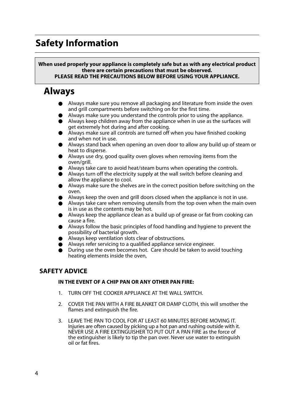Always, Safety information | Indesit FIU20 MK2 17-09-07 onwards User Manual | Page 4 / 36