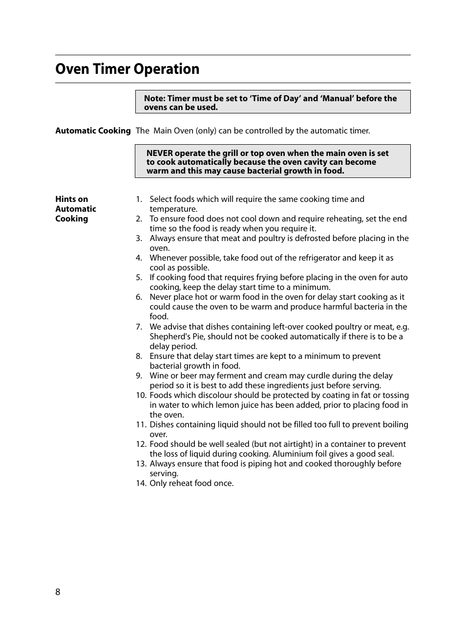 Oven timer operation | Indesit FIU20 MK2 17-09-07 onwards User Manual | Page 8 / 36