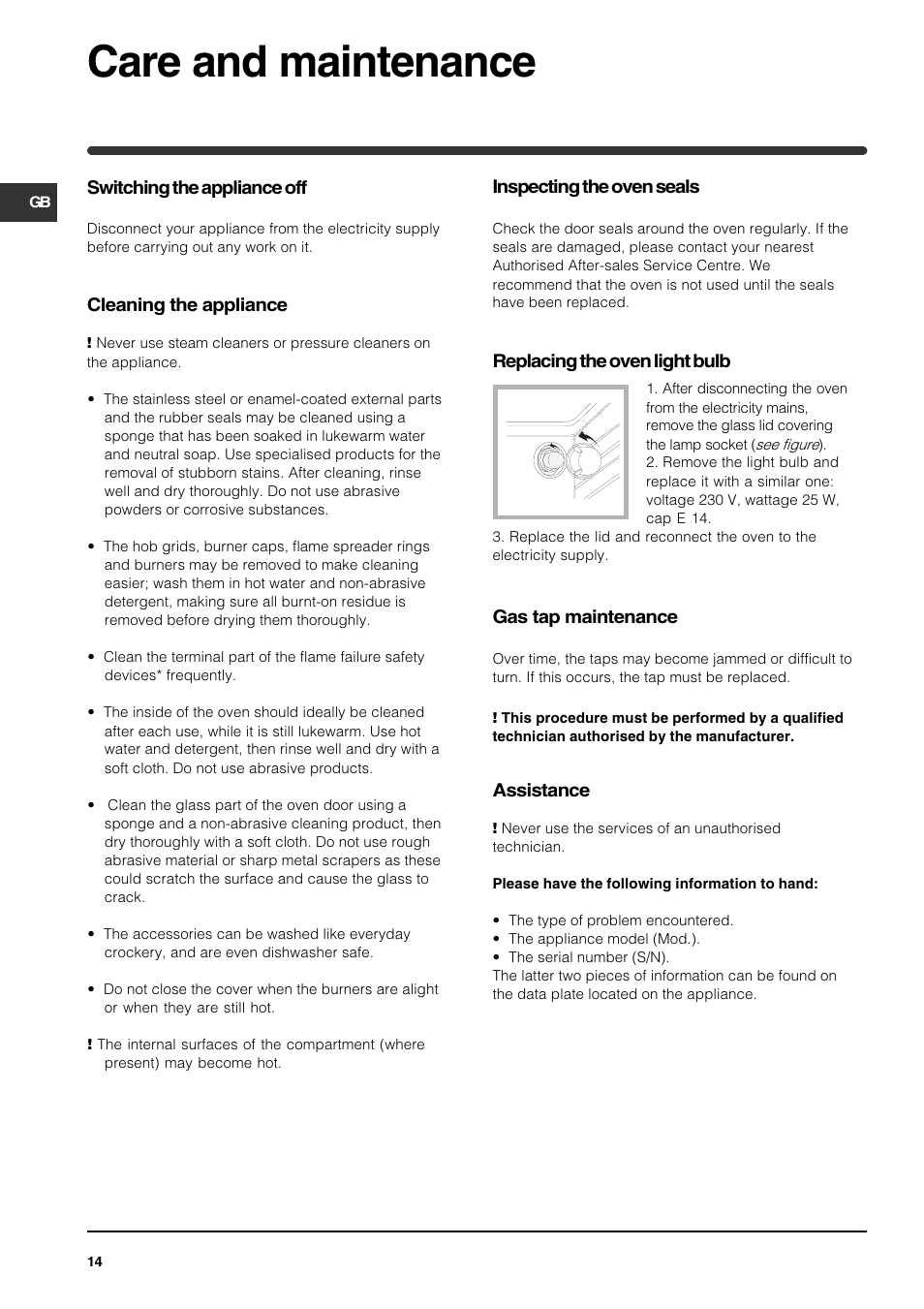 Care and maintenance | Indesit KP902GX User Manual | Page 14 / 16