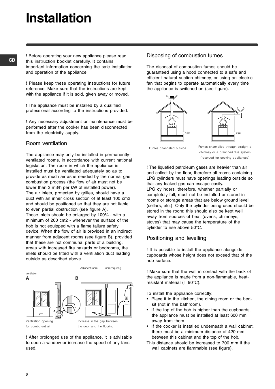 Installation, Room ventilation, Disposing of combustion fumes | Positioning and levelling | Indesit KP902GX User Manual | Page 2 / 16