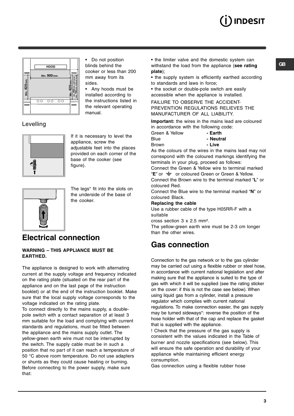 Gas connection, Electrical connection, Levelling | Indesit KP902GX User Manual | Page 3 / 16
