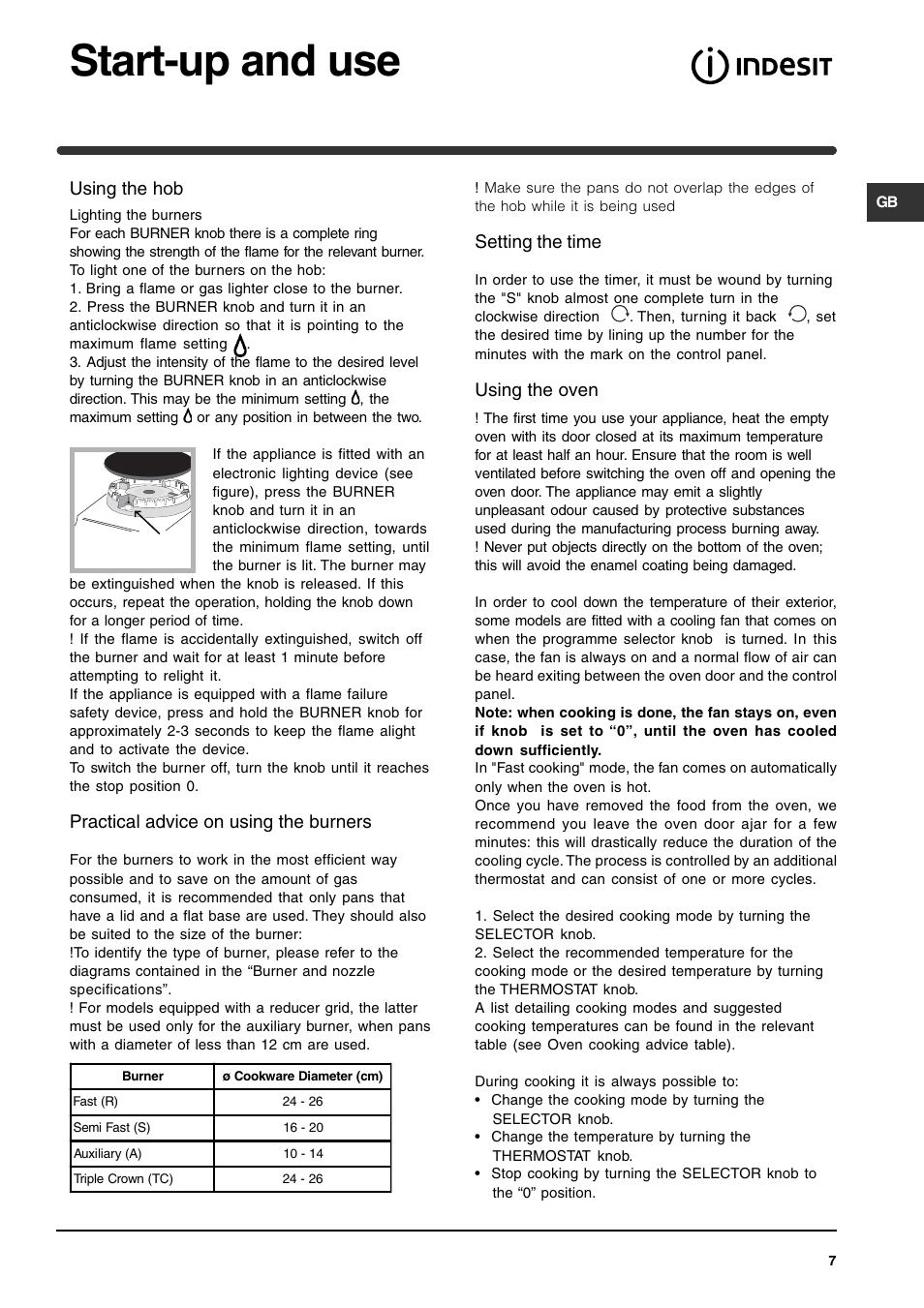 Start-up and use | Indesit KP902GX User Manual | Page 7 / 16