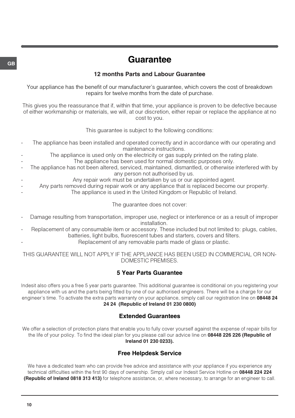 Guarantee | Indesit INFS1211 User Manual | Page 10 / 12