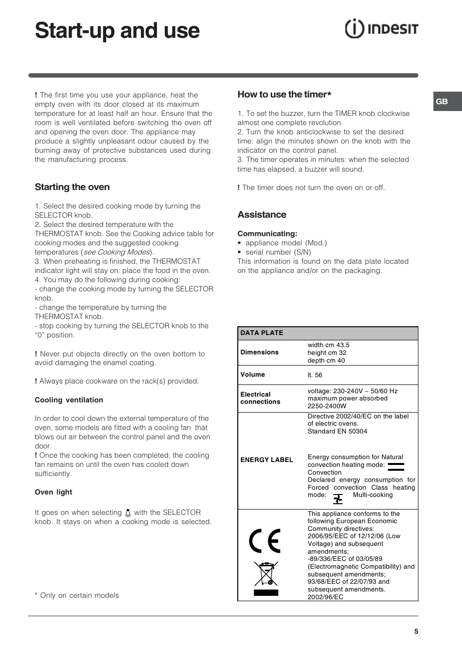 Start-up and use, Starting the oven, How to use the timer | Assistance | Indesit IF51K-AIXUK User Manual | Page 5 / 12