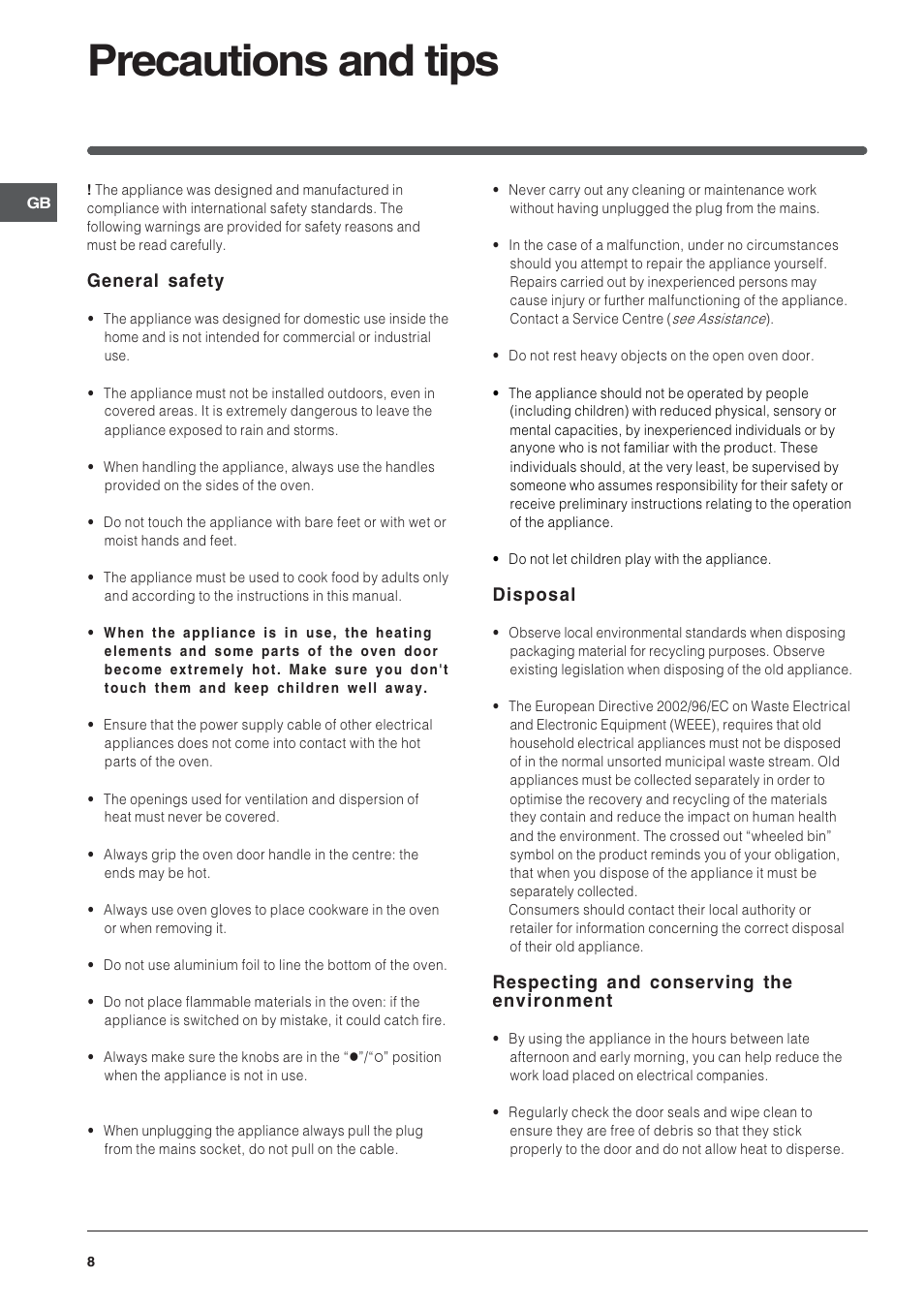 Precautions and tips, General safety, Disposal | Respecting and conserving the environment | Indesit IF51K-AIXUK User Manual | Page 8 / 12