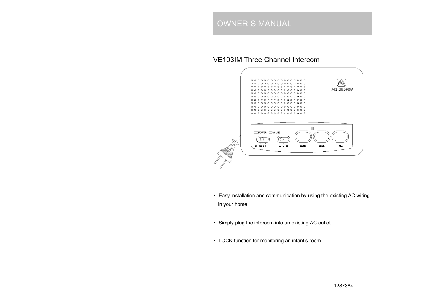 Audiovox VE103IM User Manual | 3 pages
