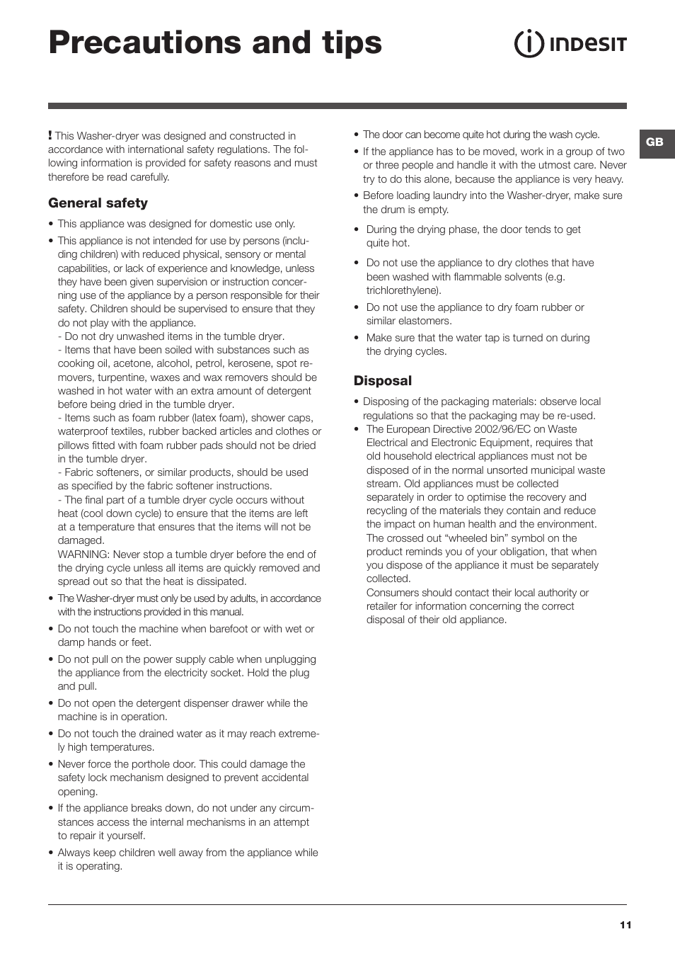 Precautions and tips | Indesit IWDC6125UK User Manual | Page 11 / 16