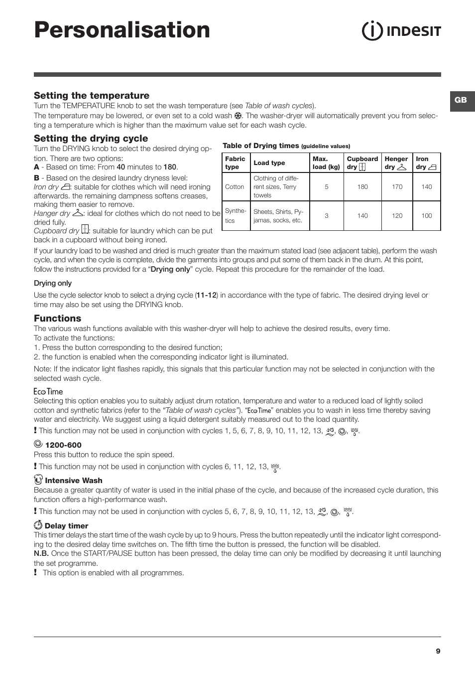 Personalisation, Setting the temperature, Setting the drying cycle | Functions | Indesit IWDC6125UK User Manual | Page 9 / 16