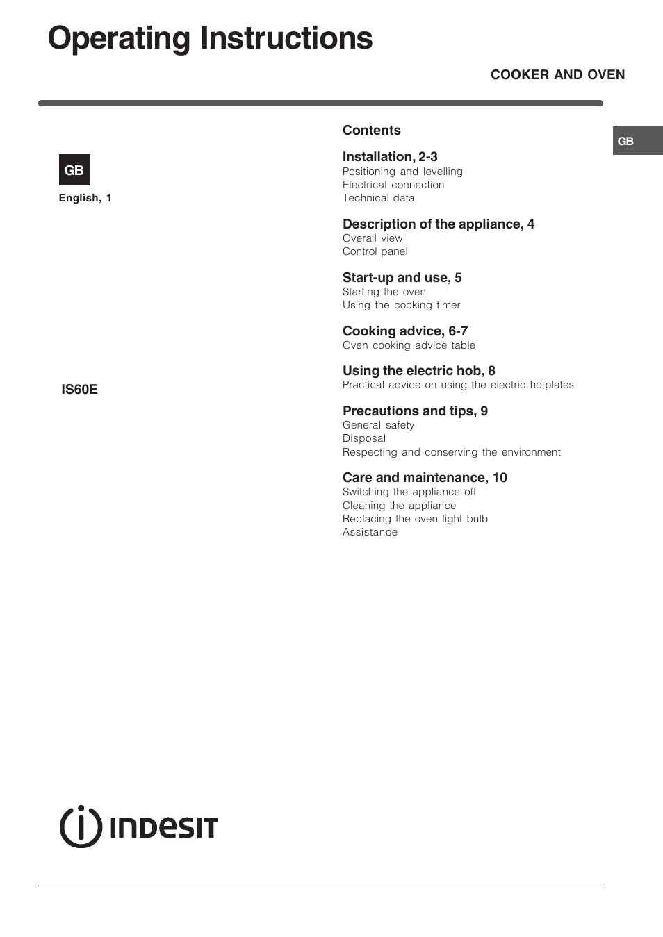 Indesit IS60EW User Manual | 12 pages