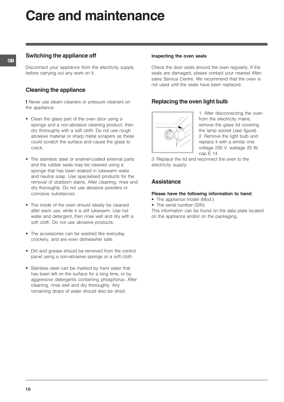 Care and maintenance | Indesit IS60EW User Manual | Page 10 / 12