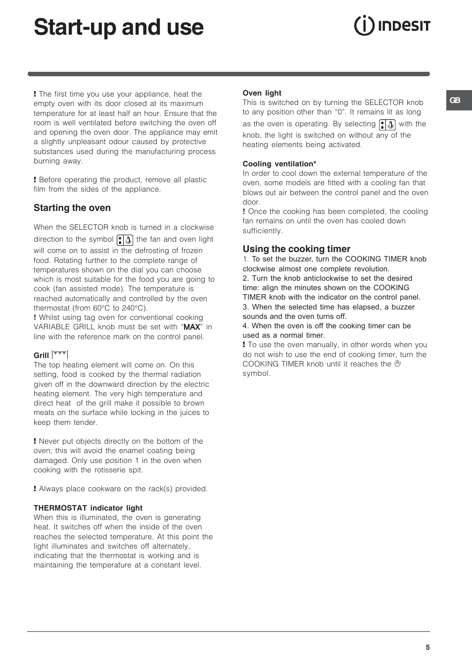 Start-up and use | Indesit IS60EW User Manual | Page 5 / 12