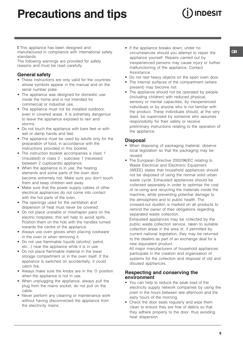 Precautions and tips | Indesit IS60EW User Manual | Page 9 / 12