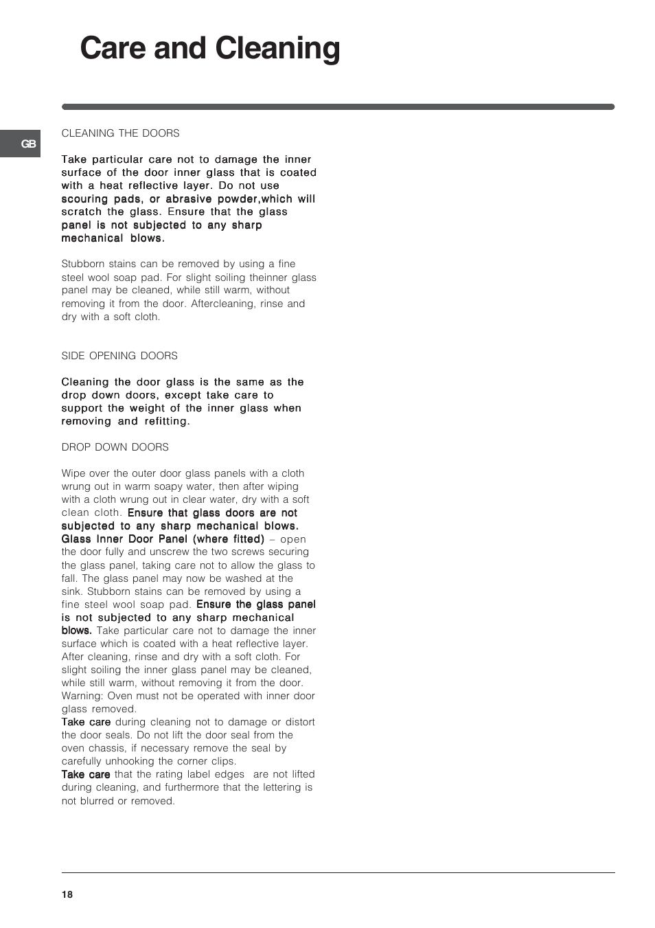 Care and cleaning | Indesit ID50C1K User Manual | Page 18 / 24