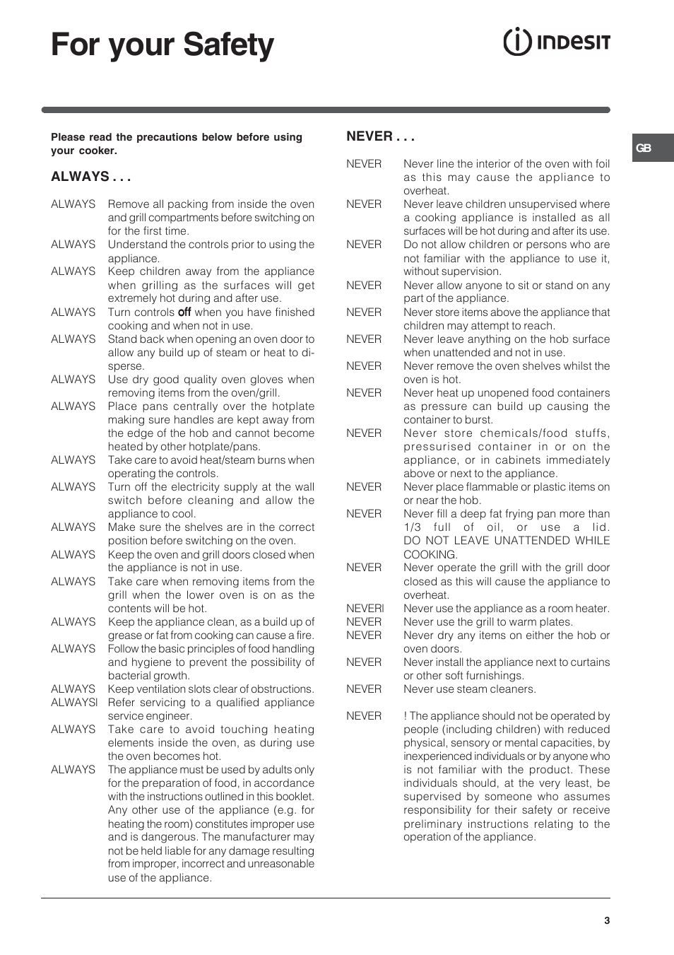 For your safety, Always, Never | Indesit ID50C1K User Manual | Page 3 / 24