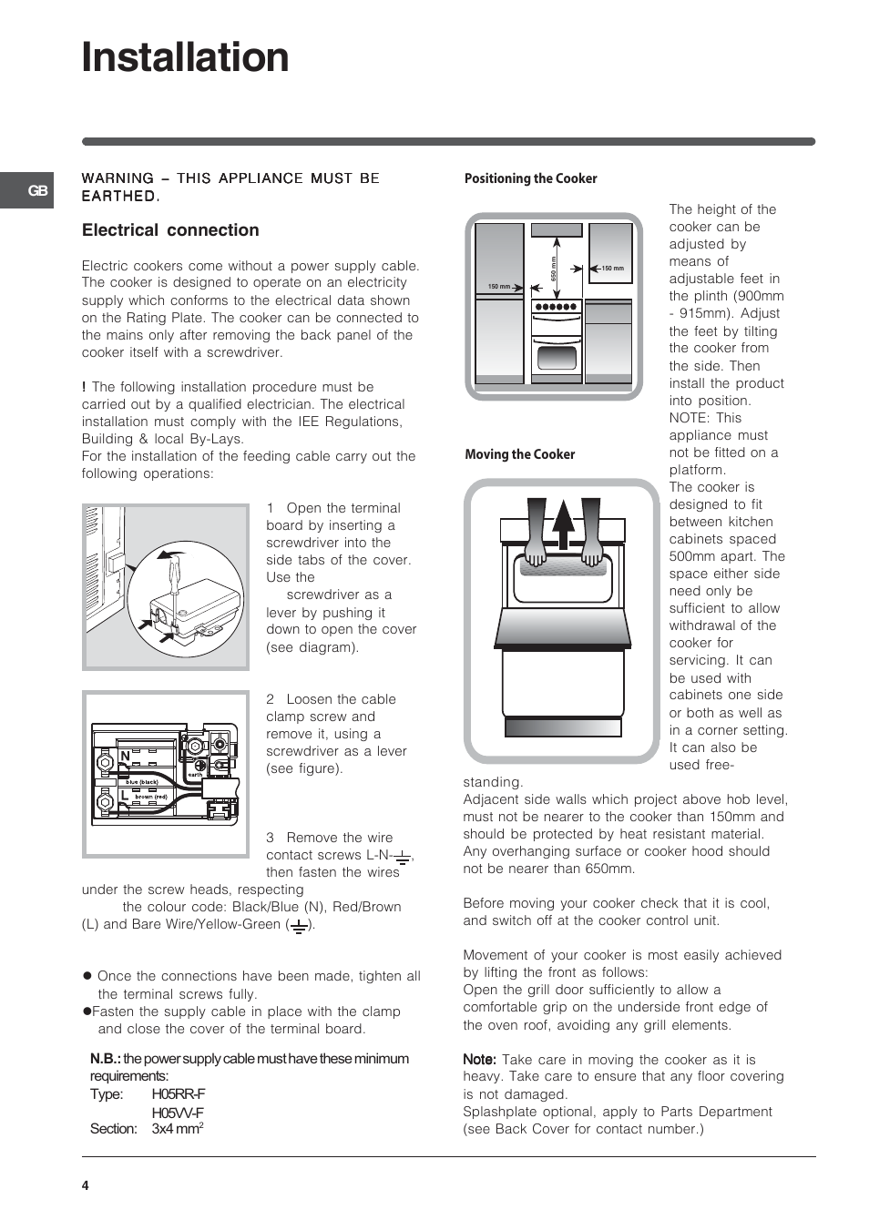 Installation, Electrical connection | Indesit ID50C1K User Manual | Page 4 / 24