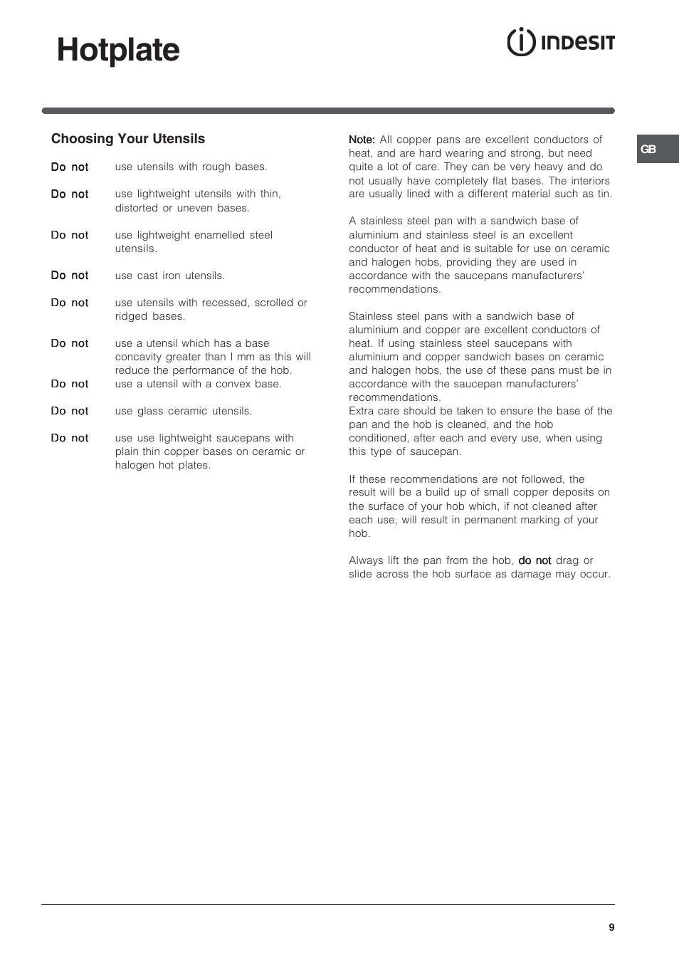 Hotplate, Choosing your utensils | Indesit ID50C1K User Manual | Page 9 / 24