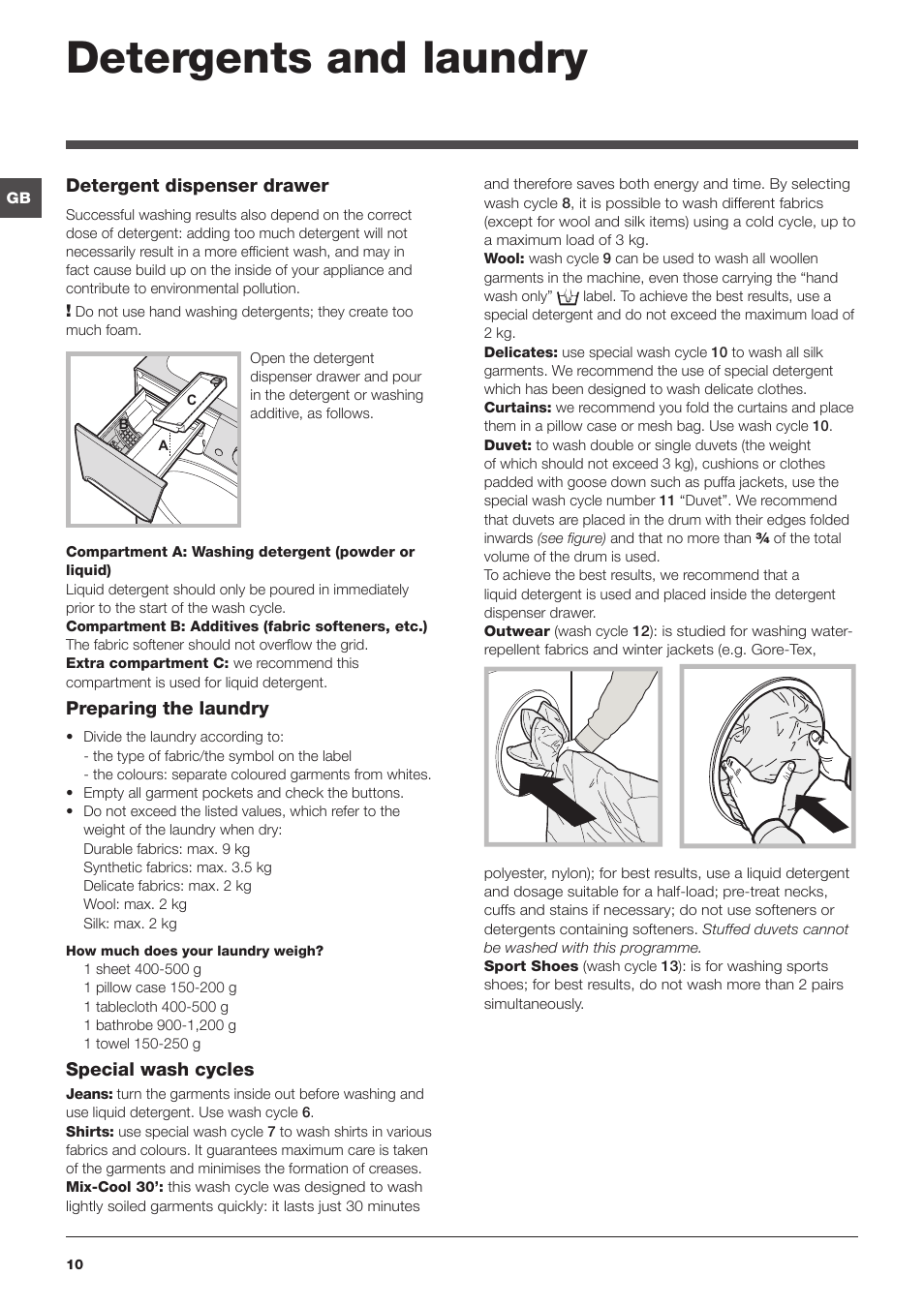 Detergents and laundry | Indesit PWE9168S User Manual | Page 10 / 16