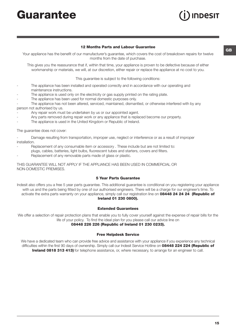 Guarantee | Indesit PWE9168S User Manual | Page 15 / 16