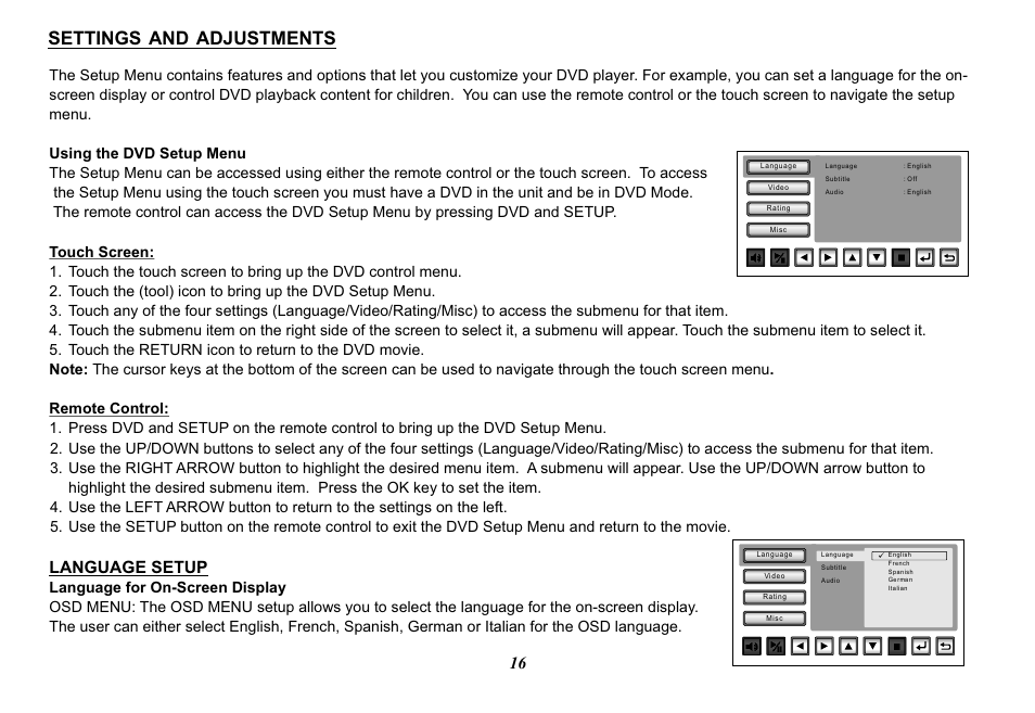 Settings and adjustments, Language setup | Audiovox Mobile Video 128-8770 User Manual | Page 19 / 52