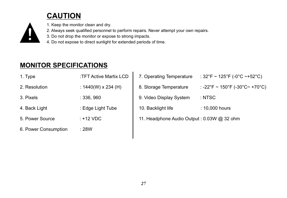 Caution, Monitor specifications | Audiovox Mobile Video 128-8770 User Manual | Page 30 / 52