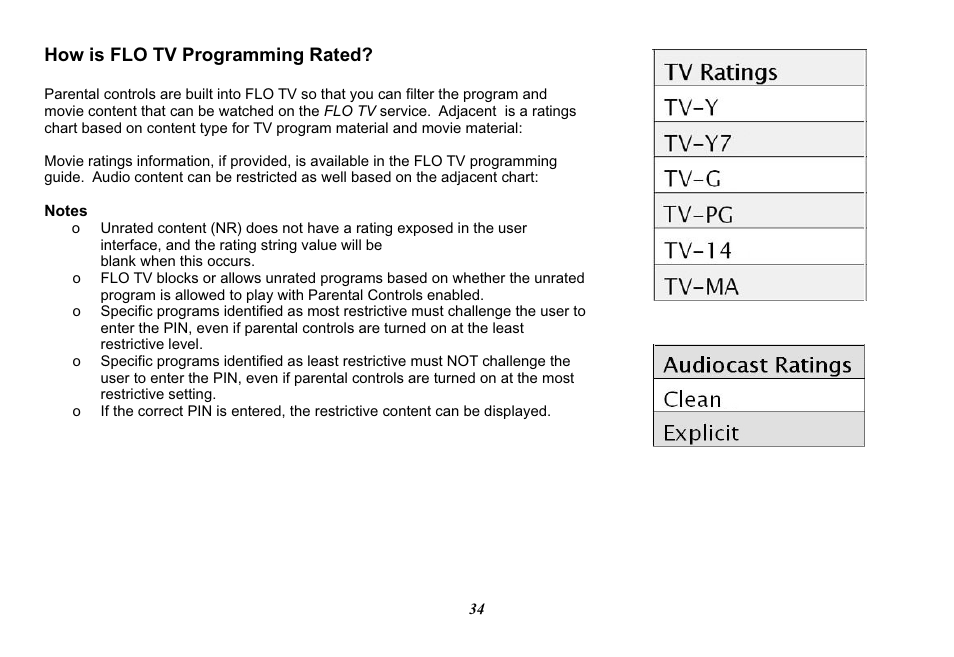 How is flo tv programming rated | Audiovox Mobile Video 128-8770 User Manual | Page 37 / 52