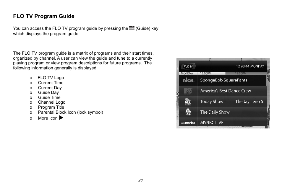Flo tv program guide | Audiovox Mobile Video 128-8770 User Manual | Page 40 / 52