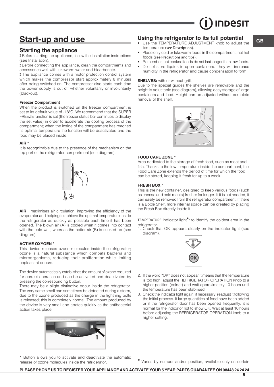 Start-up and use, Starting the appliance, Using the refrigerator to its full potential | Indesit INCB31AAUK User Manual | Page 5 / 8