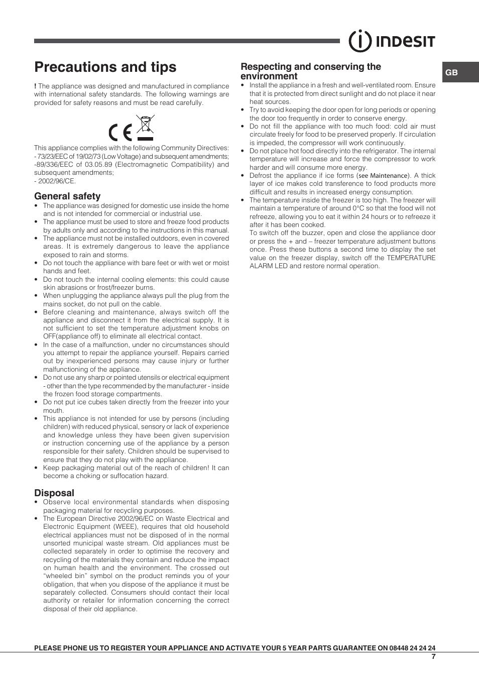 Precautions and tips, General safety, Disposal | Respecting and conserving the environment | Indesit INCB31AAUK User Manual | Page 7 / 8