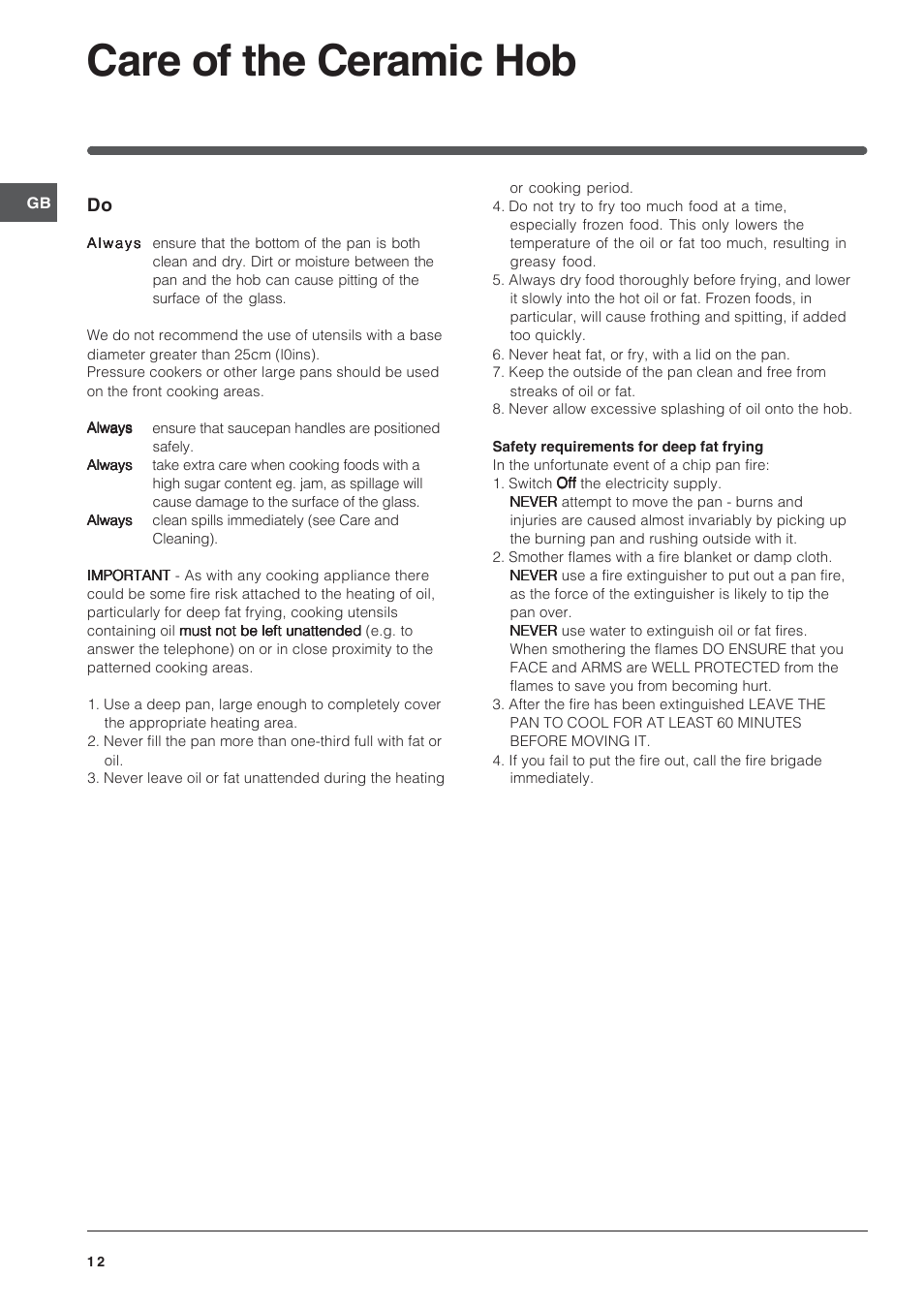 Care of the ceramic hob | Indesit ID60C2M User Manual | Page 12 / 28